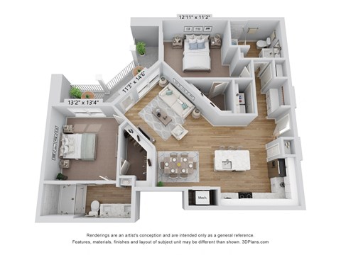 Floor plan for 2 beds, 2 baths, 1193 sqft